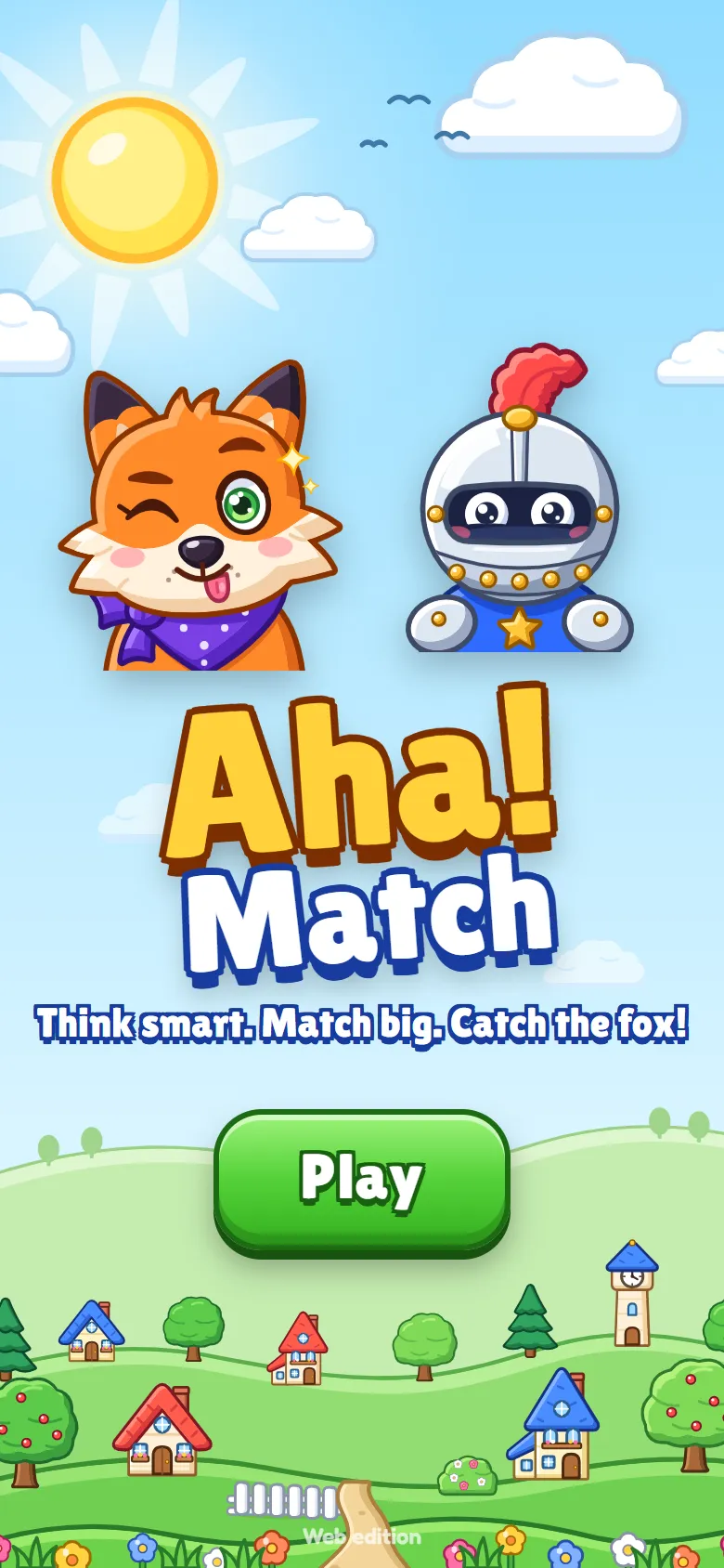 Aha! Match title screen: Fib the fox winks next to Sir Pip the knight above the Aha! Match logo, with a green Play button and a sunny village below.