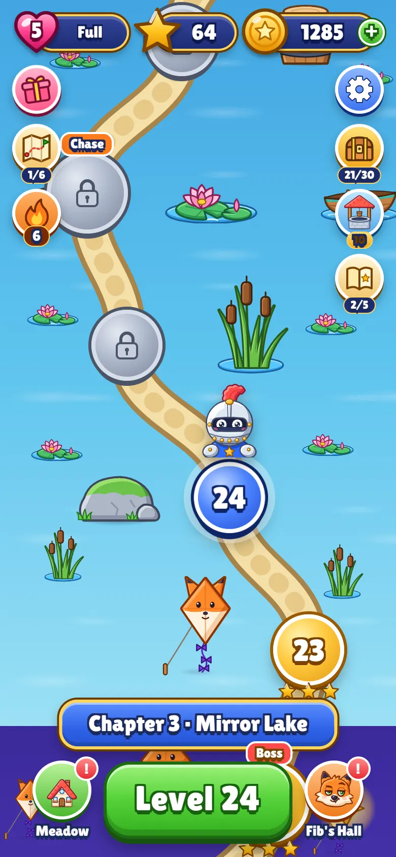 World map of Chapter 3, Mirror Lake: a winding path of level circles with Sir Pip at level 24, lily pads and reeds, and lives, stars and coins at the top.