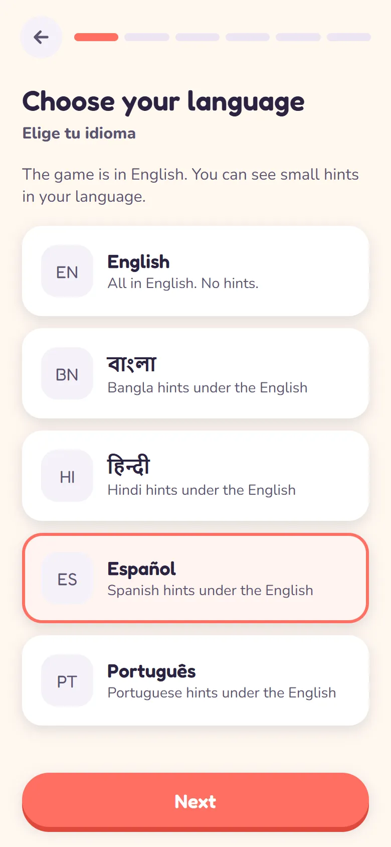 Setup screen Choose your language, with hint options English, Bangla, Hindi, Spanish and Portuguese. Español is selected, so the question also shows Elige tu idioma.