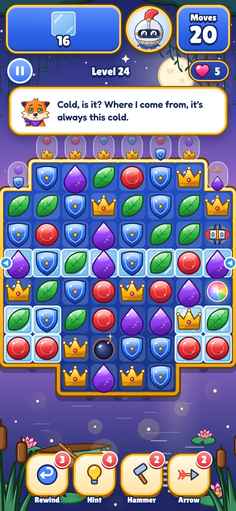 Match-3 board on level 24: rubies, shields, leaves, crowns and drops, frozen tiles, a rocket, a bomb and a rainbow orb. The goal is 16 ice tiles with 20 moves left, and Fib comments in a speech bubble.