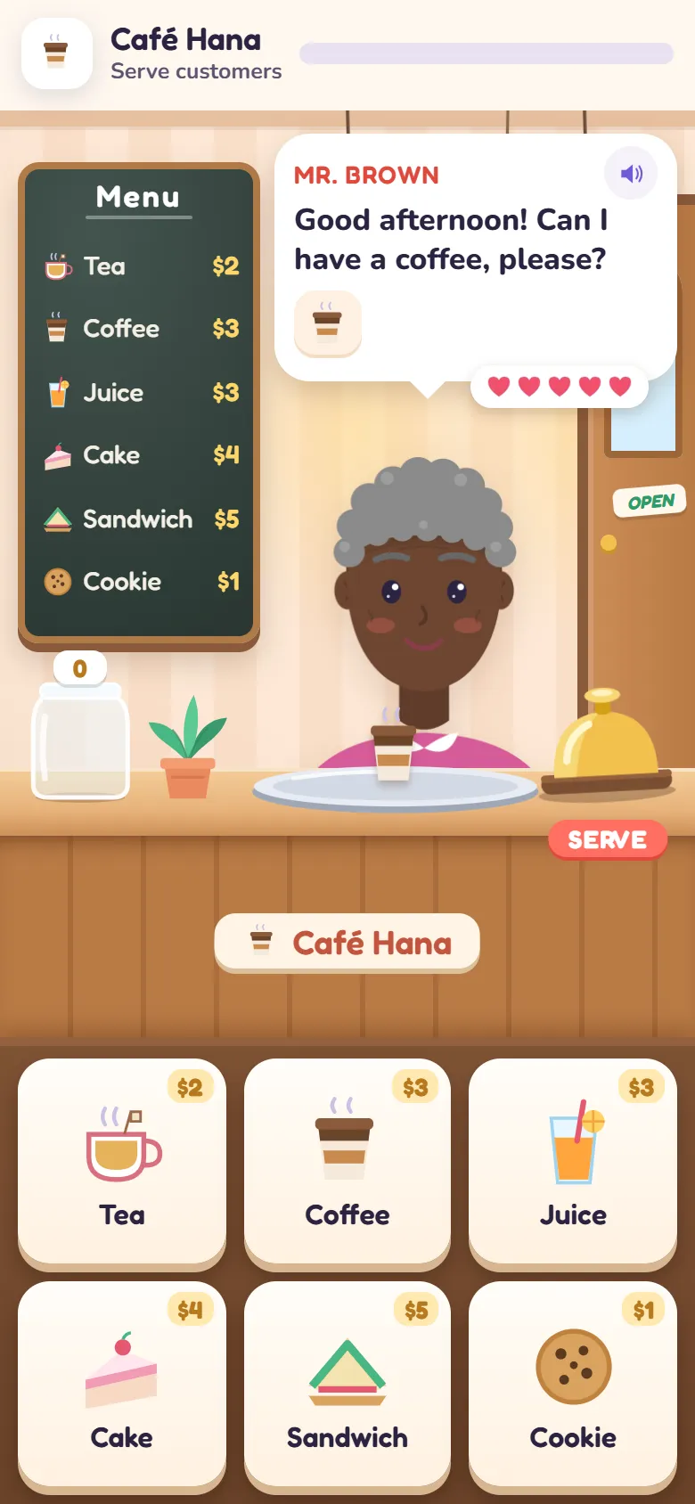 Café Hana mini-game: the customer Mr. Brown asks Good afternoon! Can I have a coffee, please? next to a menu board with prices and buttons for tea, coffee, juice, cake, sandwich and cookie.