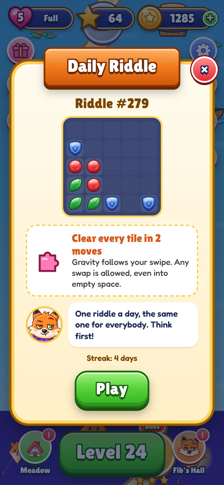 Daily Riddle card: a small puzzle board to clear in 2 moves where gravity follows your swipe, a challenge from Fib, a 4-day streak and a Play button.
