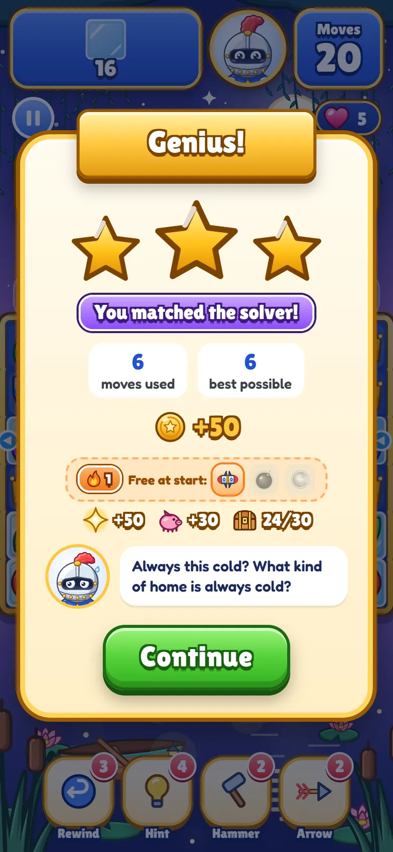 Win screen titled Genius! with three gold stars, the badge You matched the solver!, 6 moves used of 6 best possible, 50 coins and a Continue button.